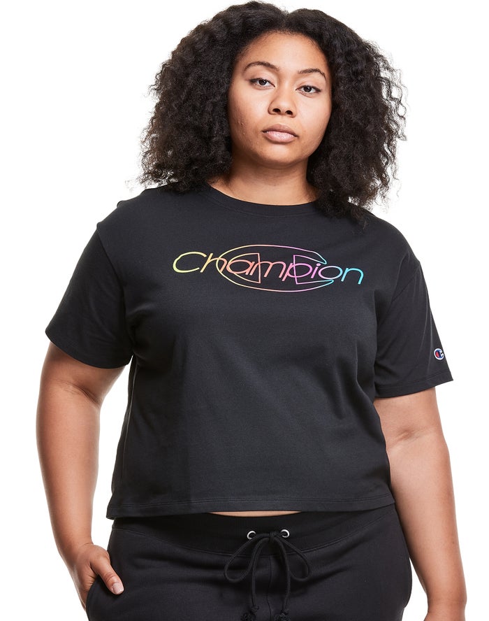 Champion Womens T-Shirt NZ - Plus Lightweight Cropped Rainbow Logo Black ( 2069-WAYMI )